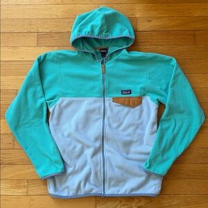 Patagonia Kids 14 XL Micro D Snap T Fleece Hoodie Jacket - Green & Light Blue
